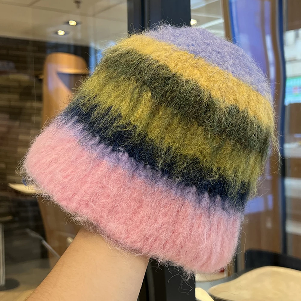 Korean Colorful Plush Bucket Hat Ins Dopamine Women Autumn Winter Contrast Striped Wool Beanies Hat Female Warm Fisherman Hat