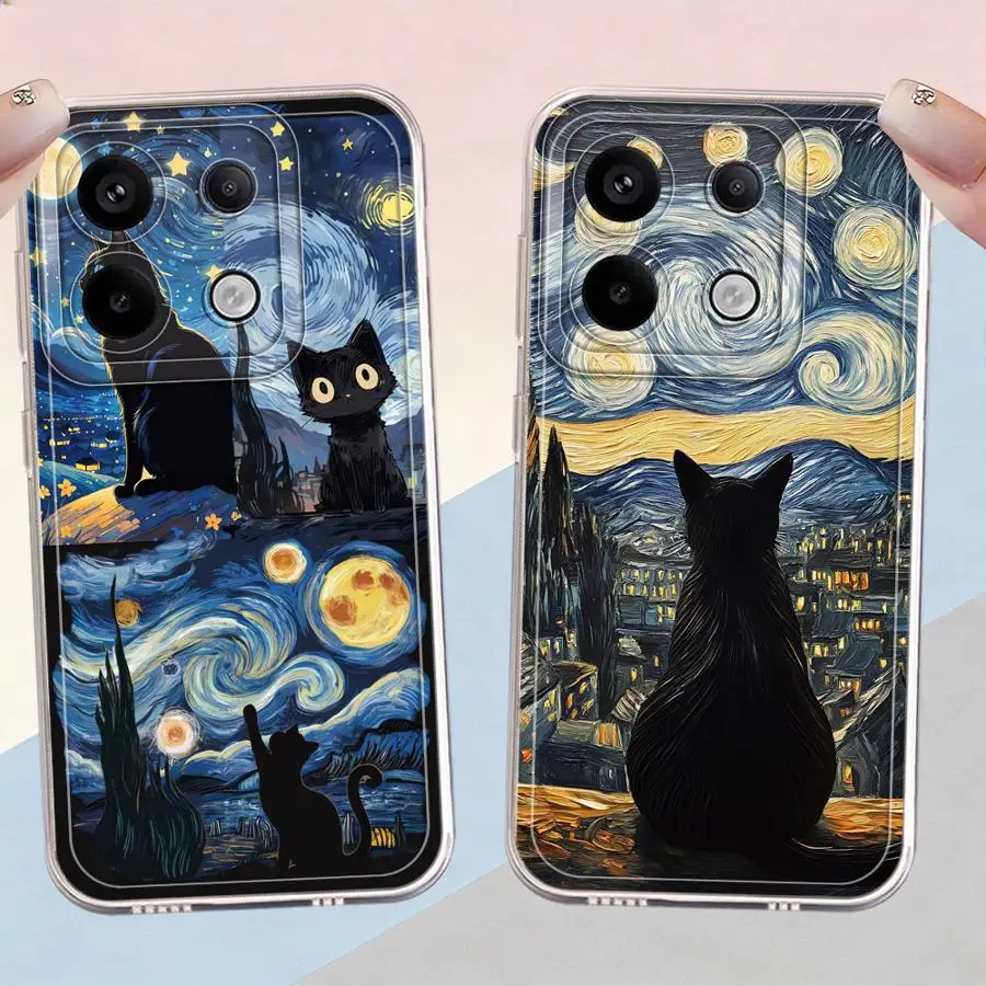 Van Gogh Starry Night Cat Soft Phone Cover Case for Xiaomi Redmi Note 14 Pro Plus 11 Note 13 A4 9 10 12S 13C 11S 14C 12 10S