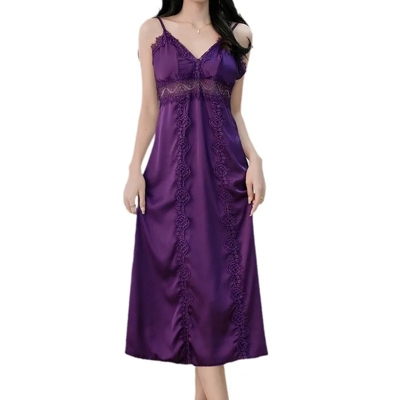 女性ロング Twinset ローブセットドレスセクシーなパッチワークレースサスペンダーネグリジェ親密なランジェリー新しいアイスシルクパジャマホームウェア