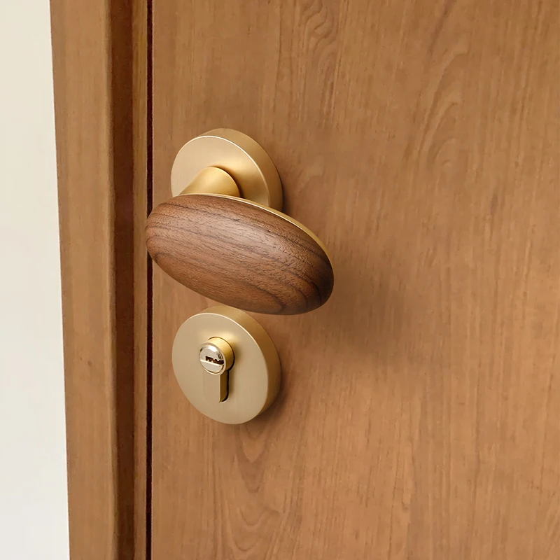 Mid Century Walnut Wood Grain Door Lock Set Golden Magnetic Soft Close Latch Silent Bedroom Handle Hardware for Interior Doors