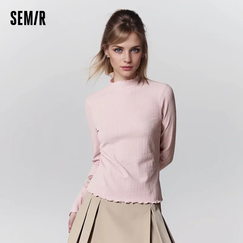 Semir 204 Spring Long-Sleeved T-Shirt Women Stringy Selvedge Half Turtleneck New Tight-Fitting Textured Fleece Bottoming Sweater