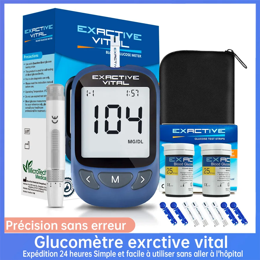 Kit de lecteur de glycémie EXACTIVE VITAL avec 50 bandelettes de test et 50 lancettes, glucomètre pour le contrôle de la glycémie, avec étui de transport, fournitures pour diabétiques