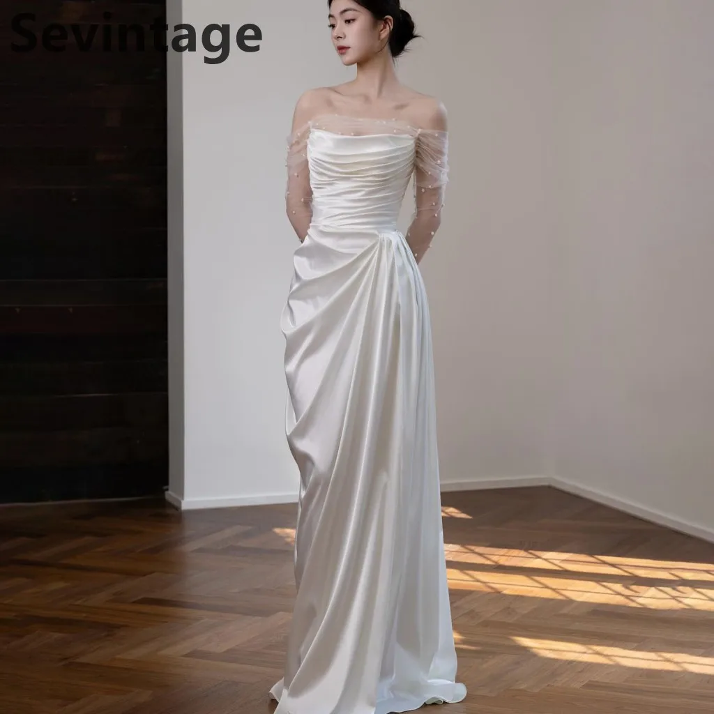 Sevintage marfil coreano sirena vestido de novia satén fuera del hombro vestido de novia de manga larga elegante vestidos de fiesta de boda personalizados