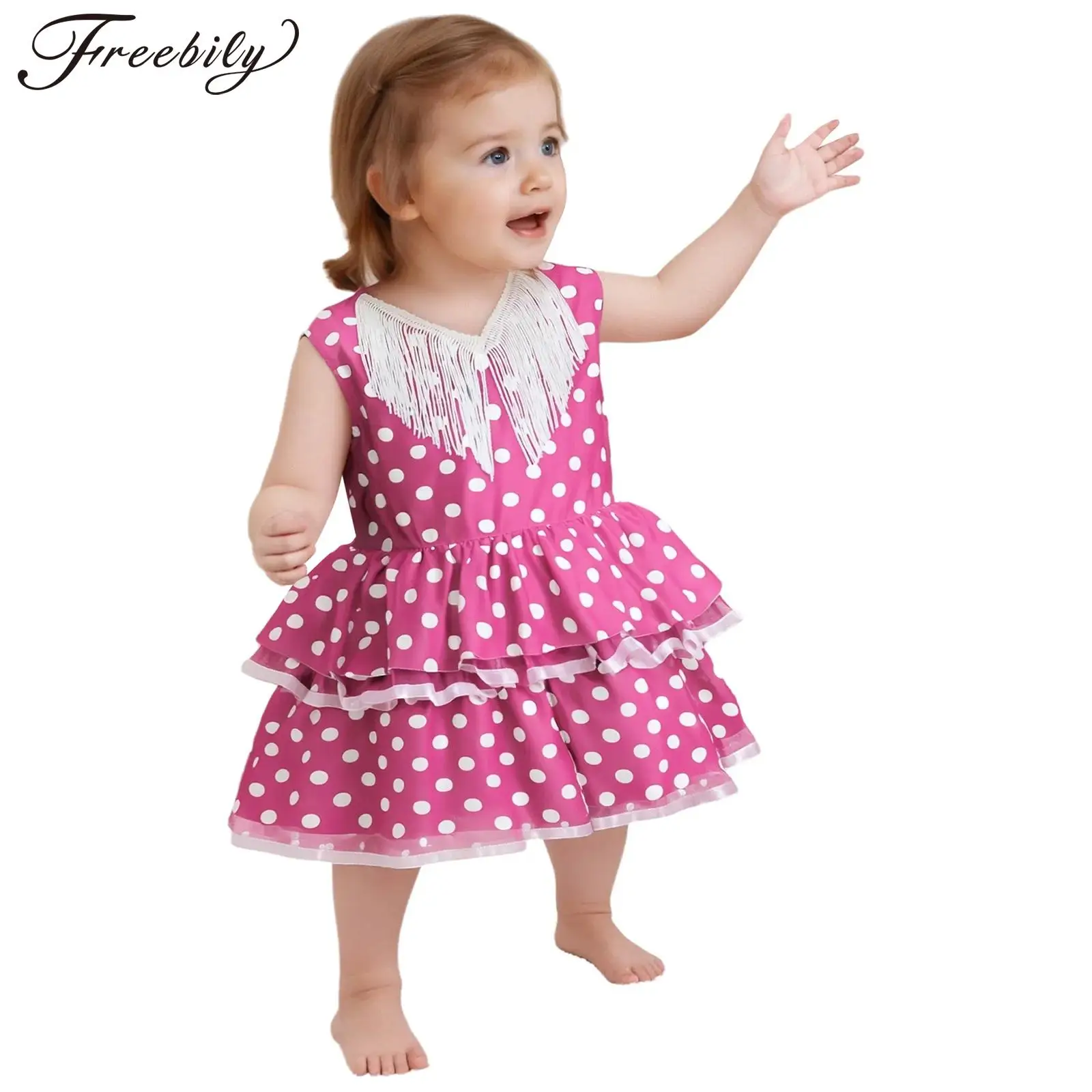 Dziewczynek sukienka do tańca Flamenco hiszpański Paso Doble występ na scenie kostium bez rękawów frędzle Polka Dot Mesh warstwowa suknia na ciasto