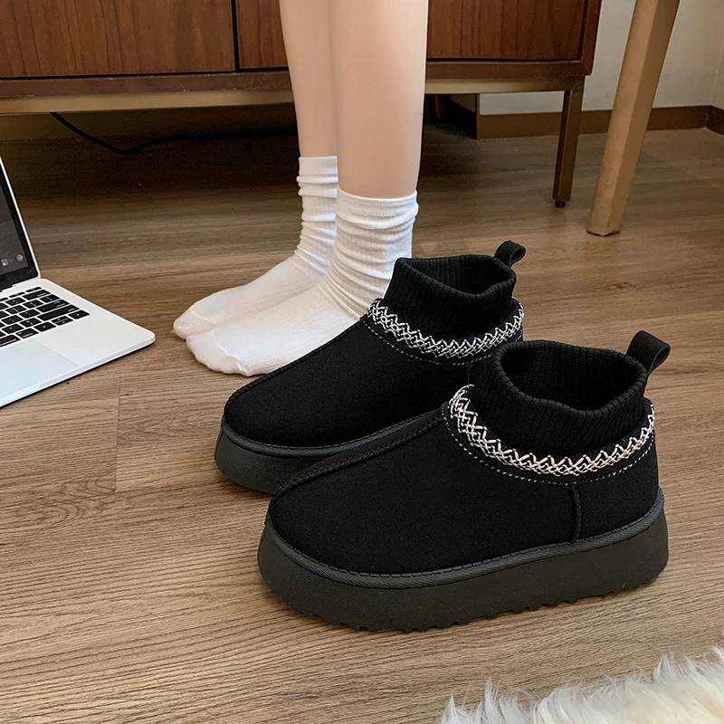 Women\'s Fashion Flat Snow Boots Winter New Round Head Suede Splicing Type Anti-slip Wear-resistant Thick Sole Cotton Boots