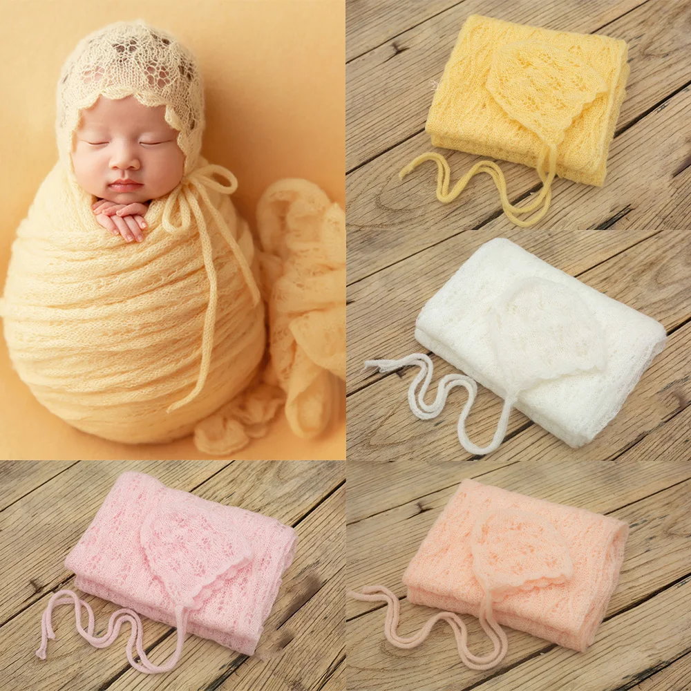 Newborn Wrap Photography Props Accessories Stretchable Hollow Knitted Baby Wraps Hat Set Studio Baby Shooting Posing Aid Props