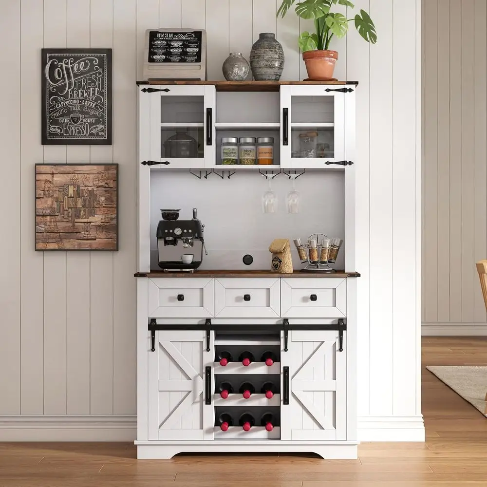 

Rustic Sliding Barn Door Pantry Cabinet with Wine Rack, White and Brown Finish