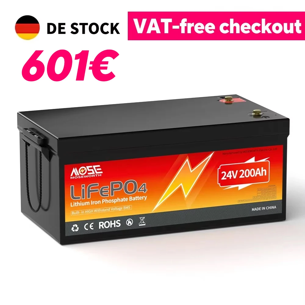 MOSEWORTH 24V 200AH LiFePO4 Lithium-Batterie mit 5120W, eingebautem 200A BMS, wiederaufladbare LiFePO4-Batterie mit über 8000 Zyklen für Boote