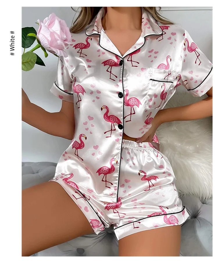 Damen-Pyjama-Set, Herz-Druck, Satin-Pyjama, lässig, kurzärmelig, Reverskragen, Oberteile und Hosen, Nachtwäsche und Loungewear für Erwachsene – Detail 9
