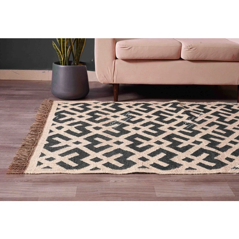 

Indian Handwoven Kilim Rug Off White with Black Design Fringes Jute Rug