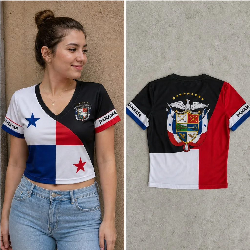 Womens Panama V Neck Short Sleeve Crop Tops Flag Crest Color Block Graphic Casual Summer Tshirt for Street Travel and Daily Wear