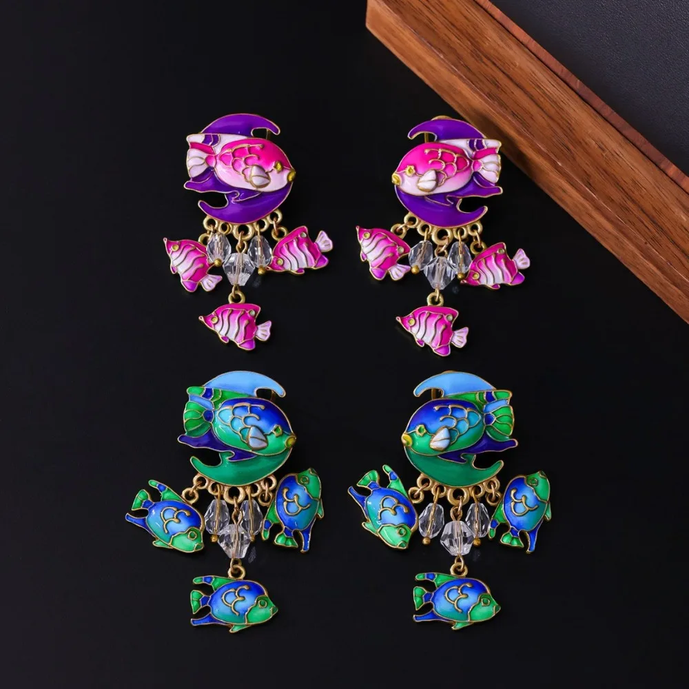 

Gothic Medieval Enamel Colorful Fish Charms Tassel Earrings Retro Palace Light Luxury Old Earrings Literary High-end Earrings