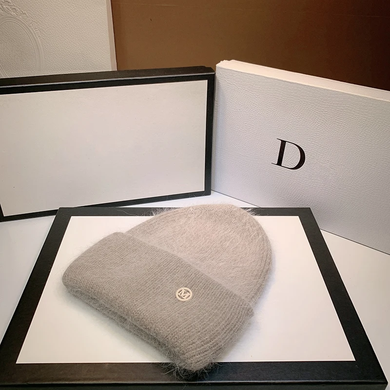 Rabbit Fur Beanies Fluffy Black White Winter Hat for Women Ear Warm Knitted Hat Skullies Beanies Female Bonnet Woman M Knit Cap, image 12