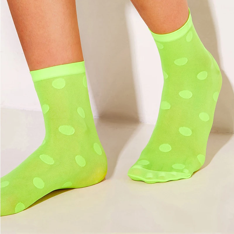 OMSJ New Candy Color Women Short Transparent Socks Ultrathin Neon Green Dot Print Soft Sock Streetwear Ankle Sox for Girls Gifts