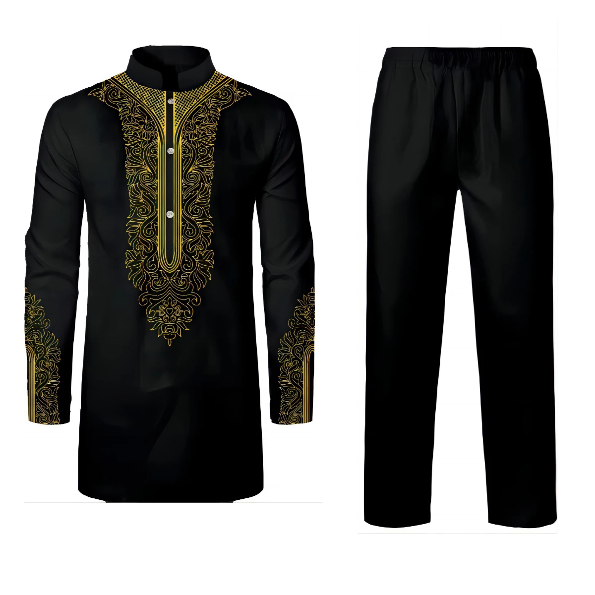 Gold Pattern Men\'s Muslim Abaya 2 Piece Suit Embroidered Long Sleeve Top Long Pants Ethnic Casual Wear Dress Set