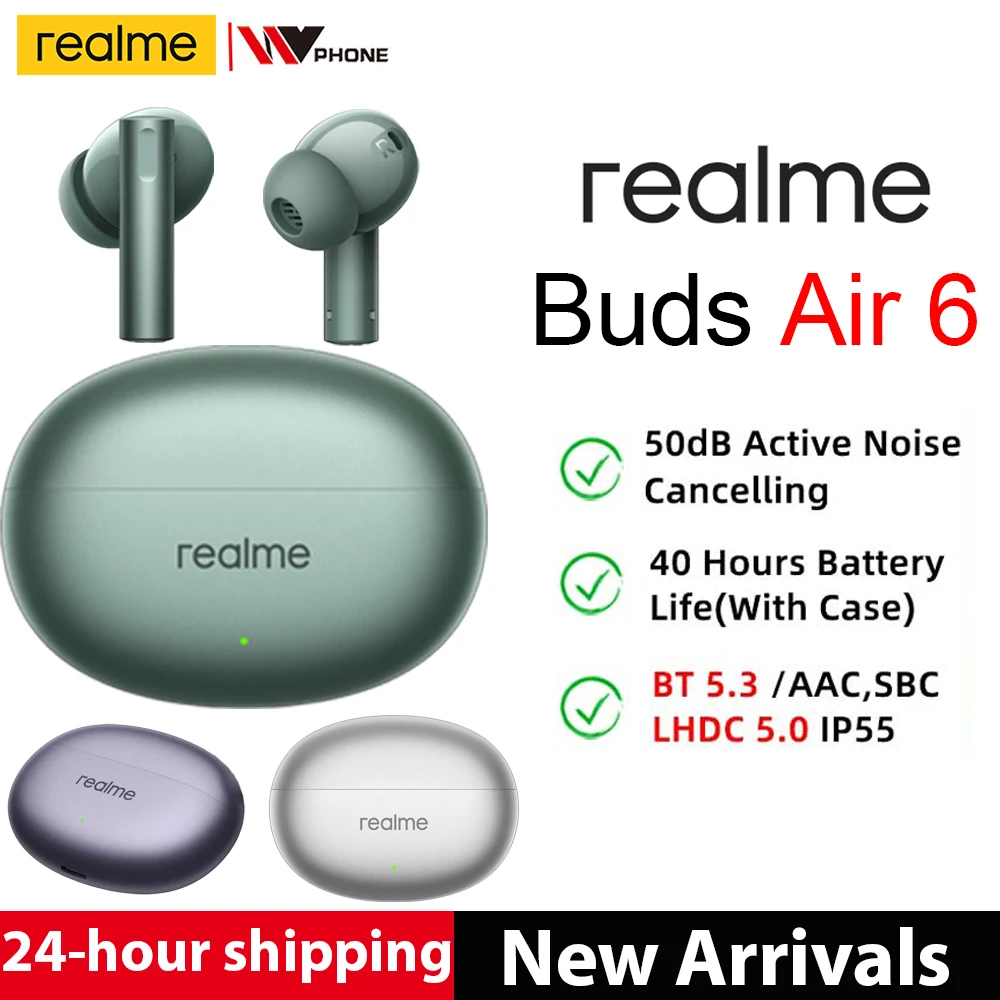 

Global Version realme Buds AIR 6 True Wireless Earphone 50dB Active Noise Cancelling Bluetooth5.3 Earphone 40 Hours Battery Life