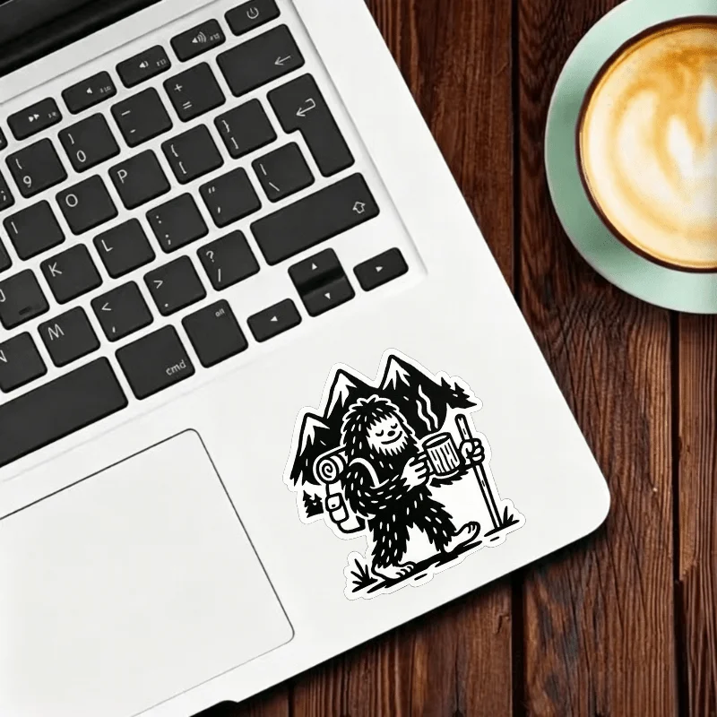Retro black and white Bigfoot backpack sticker, cute Bigfoot with coffee cup hiking sticker, wilderness exploration sticker