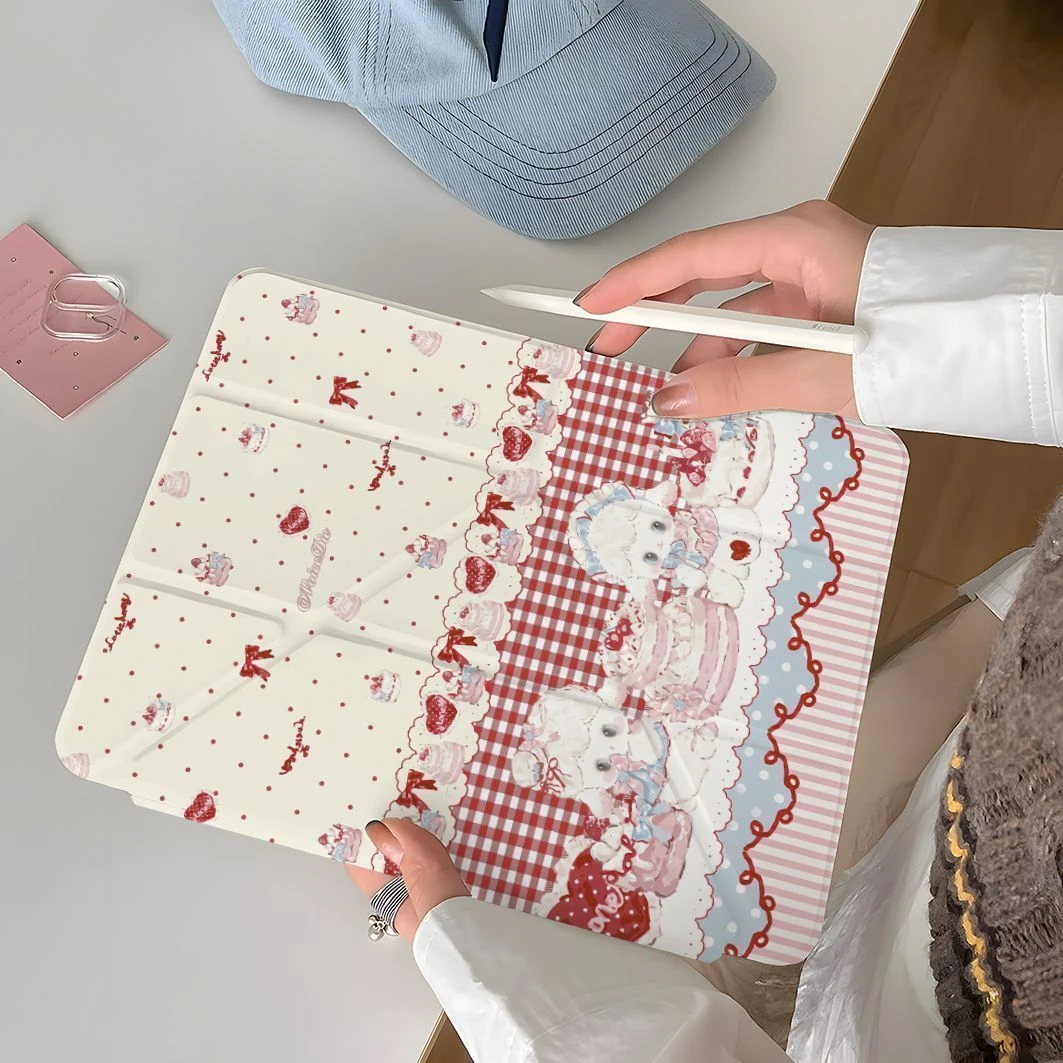 Cute Red Grid Polka Dot Bow Lamb Y2K Tablet Case For iPad Pro 11 12.9 13 A16 M2 M4 M3 M5 5/6/7/8/9/10/11th Mini Air 3 4 5 Cover