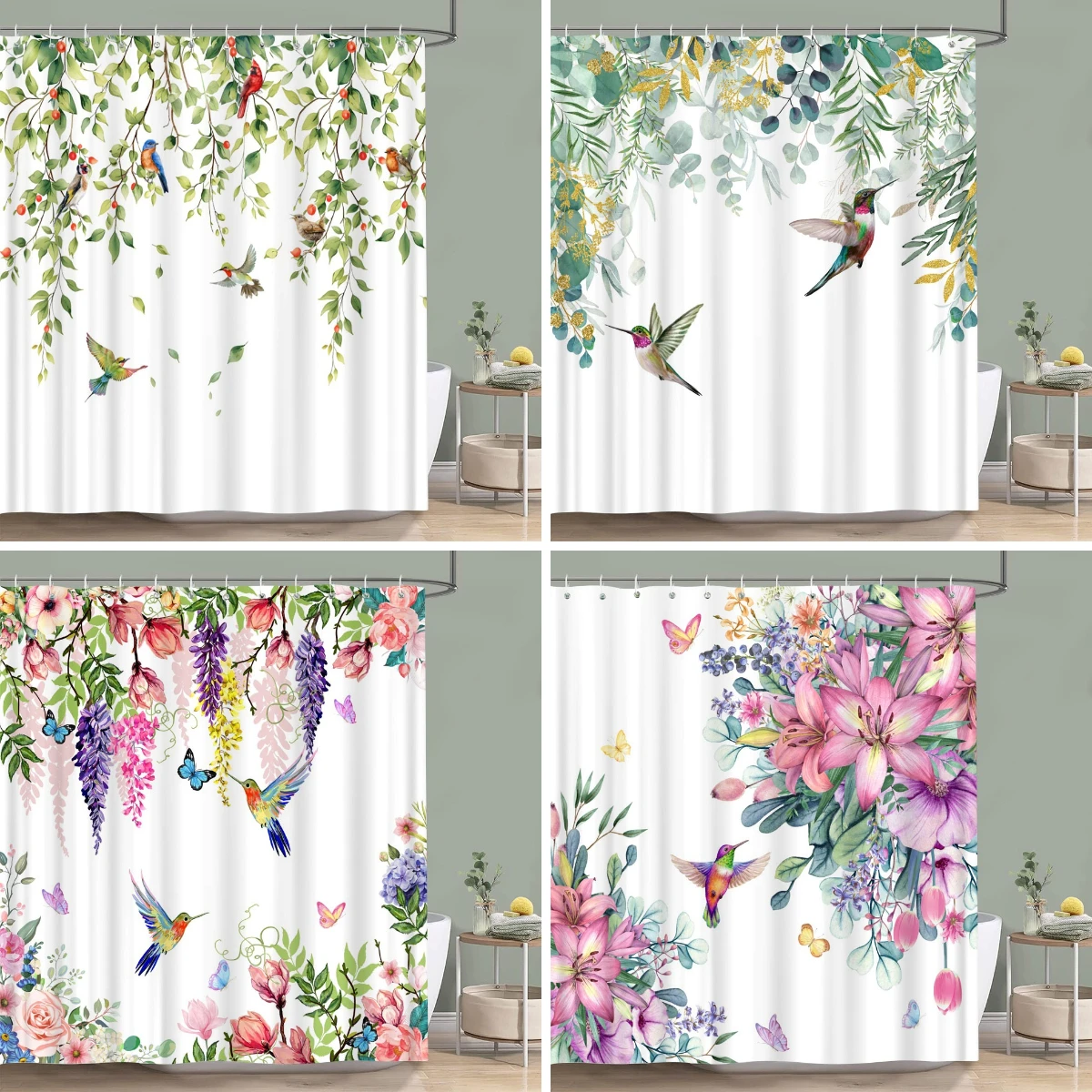 Bird Flower Shower Curtain Dahlia Eucalyptus Leaves Greenery Colourful Printed Polyester Waterproof Bath Curtains Bathroom Decor