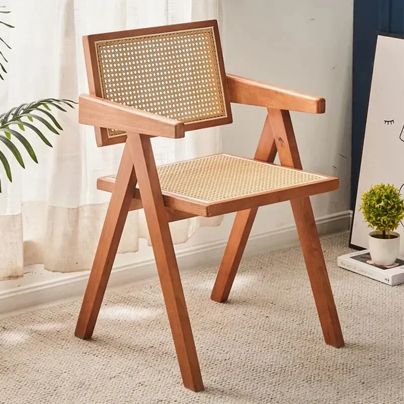 

Home Furniture Rattan-woven Chairs Accommodation Hotel Use Solid Wood Dining Chair Nordic Log Armrest Back Chandigarh Chair Rub