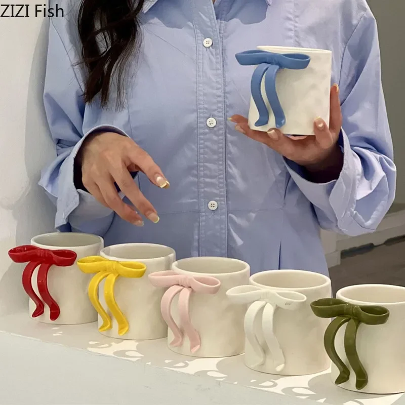 Bow Handle Mug Creative Ceramic Water Cup Couple Breakfast Milk Cup Office Afternoon Tea Latte Coffee Cup Drinking Utensils