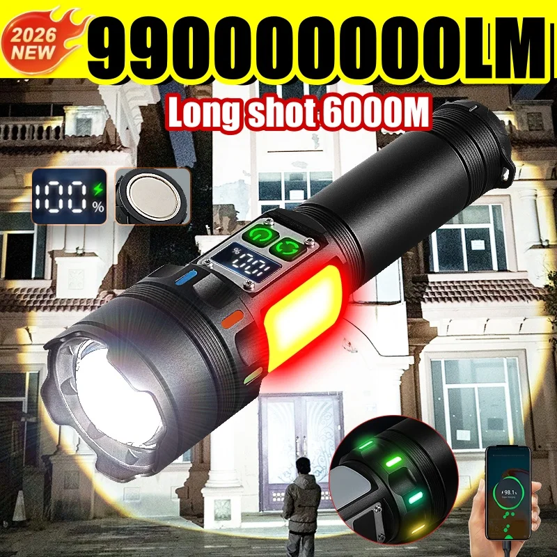 2026 New High Power LED Flashlight Long Shot 6000M Magnetic Tail Rechageable Torch with Side Light Outdoor Camping Flashlight