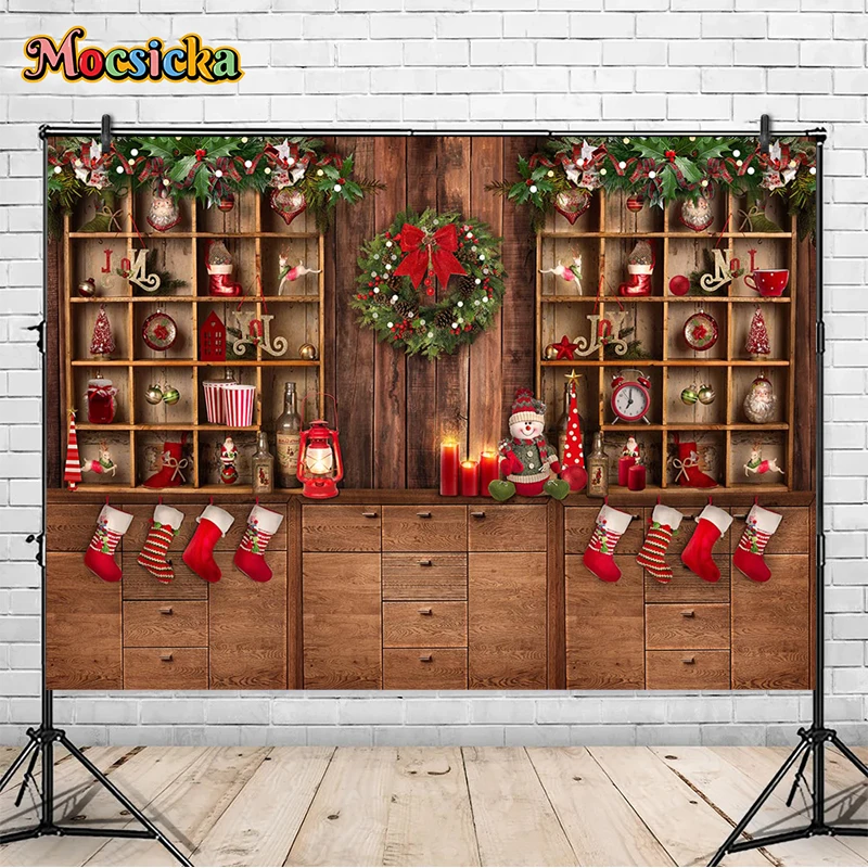 Christmas Photography Background Decor Wood Closet Xmas Tree Socks Flower Garland Party Backdrop Studio Family Portraits Props