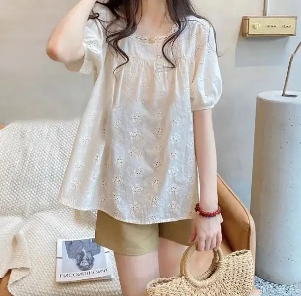 

Милая блузка, кружевной кукольный топ, полая рубашка с короткими рукавами, свободный корейский стиль, женский топ, рубашка с вышивкой, блузка