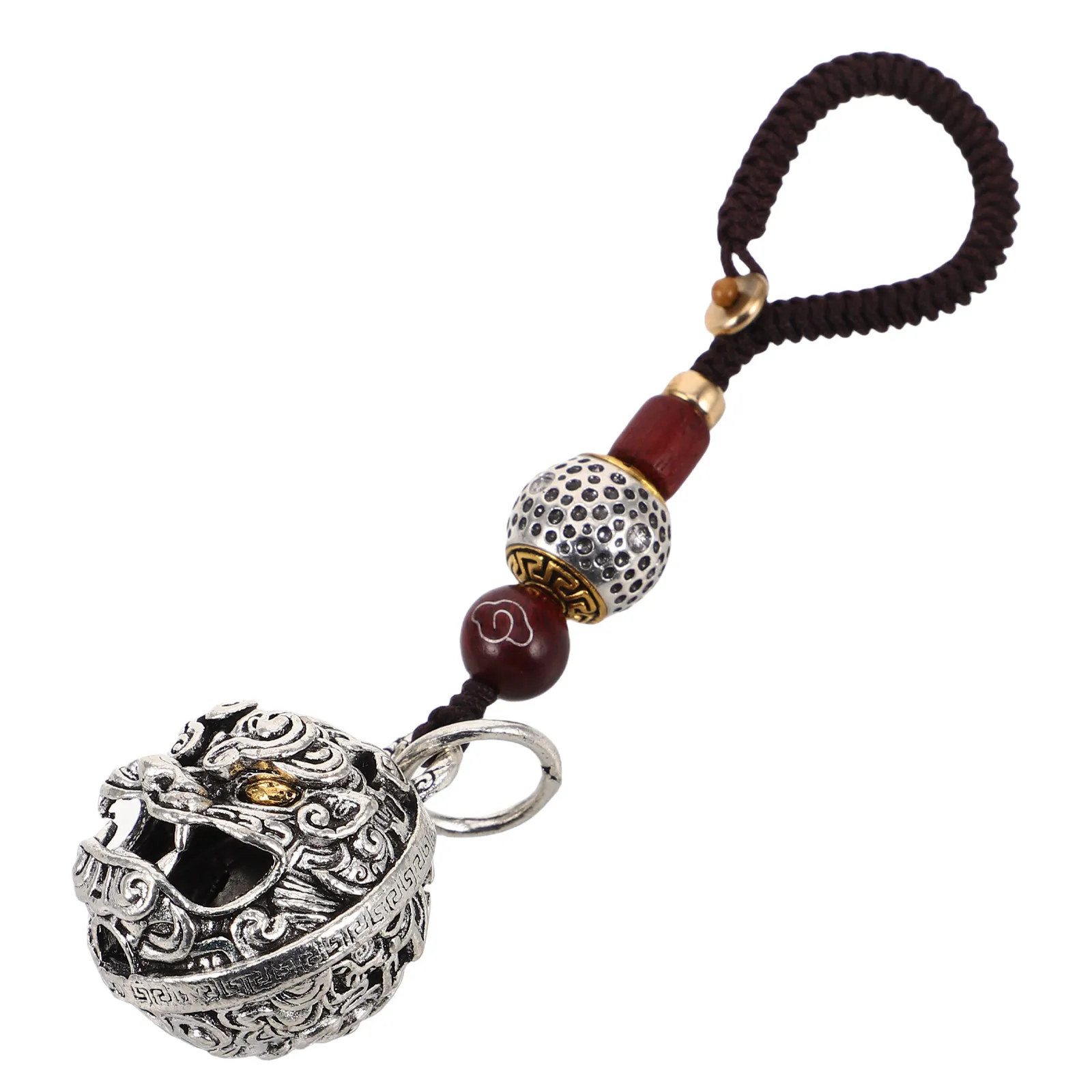 Chinese Style Lion Bell Keychain Silver Alloy Braided Rope Car Keyring Lucky Symbol Pendant for Keys Backpacks Cultural Ornament