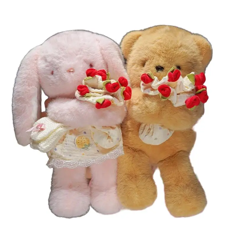 

30cm Holding Flower Kawaii Animal Plushie Stuffed Long Ears Lop Brown Bear White Terrier Cartoon Doll Girlfriend Gift