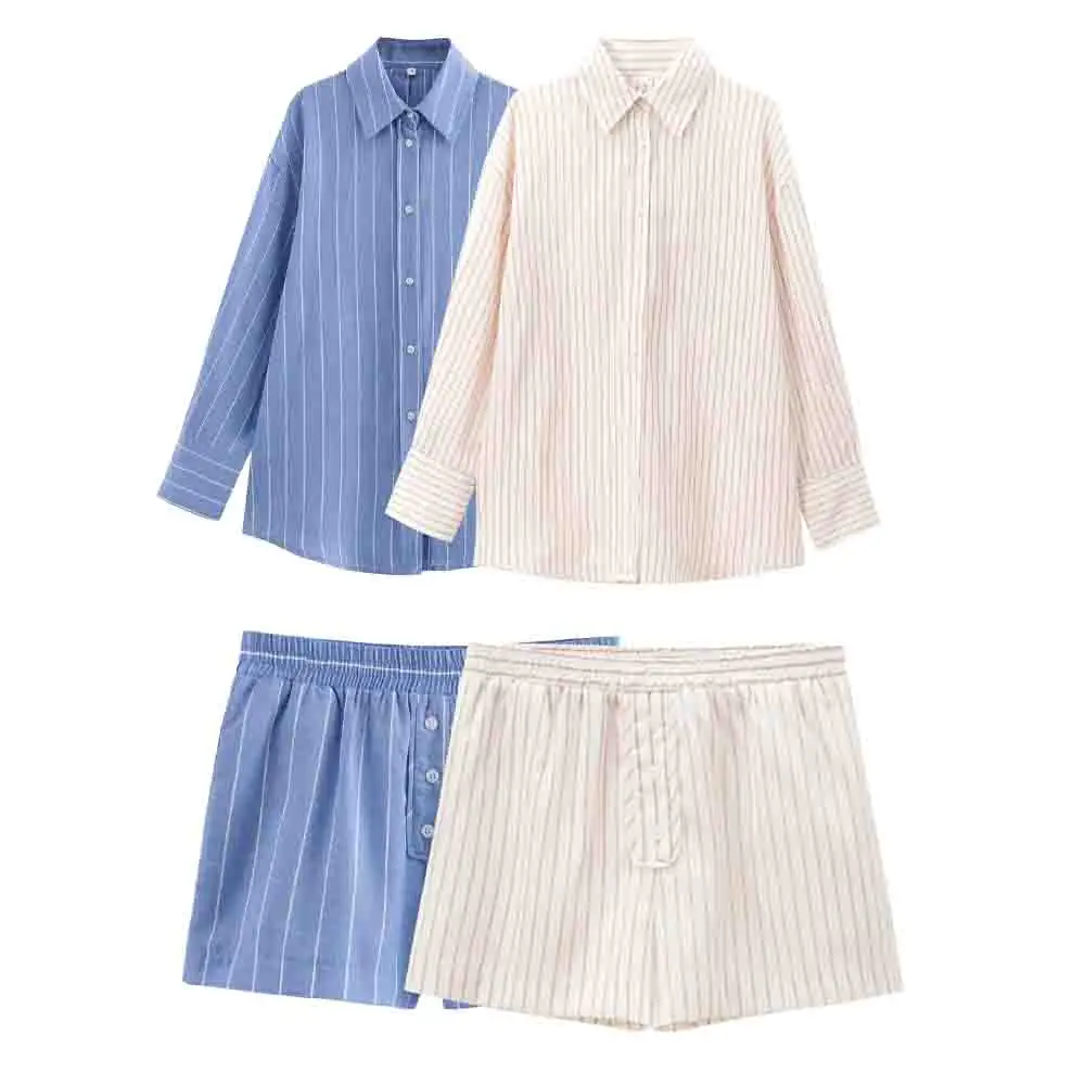 

Women's new fashion back bow tie decoration loose striped button up shirt retro long sleeved women's shirt chic top+Shorts suit
