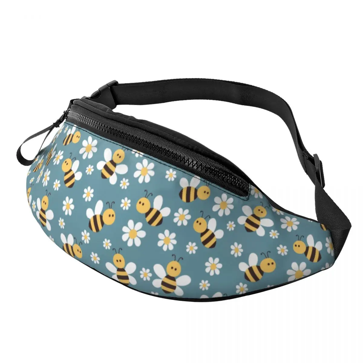 Custom Casual Cartoon Bee And Daisy Flower Pattern Fanny Pack for Traveling Women Men Crossbody Waist Bag Phone Money Pouch