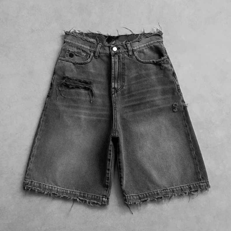 Deeptown Washed Ripped Short Jeans Women and Man Hole Embroidery Wide Leg American Retro Jorts Baggy Casual Streetwear Summer