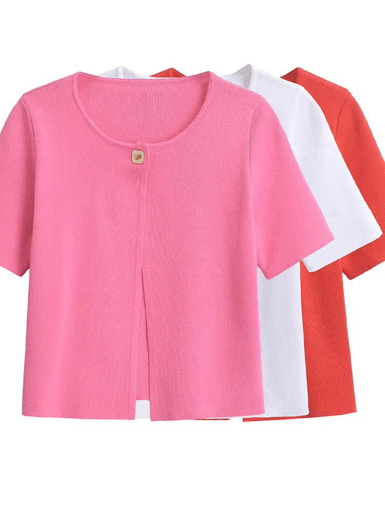 

Женская одежда с золотыми пуговицами, однотонный кардиган с круглым вырезом и коротким рукавом, короткая куртка, новинка 2024