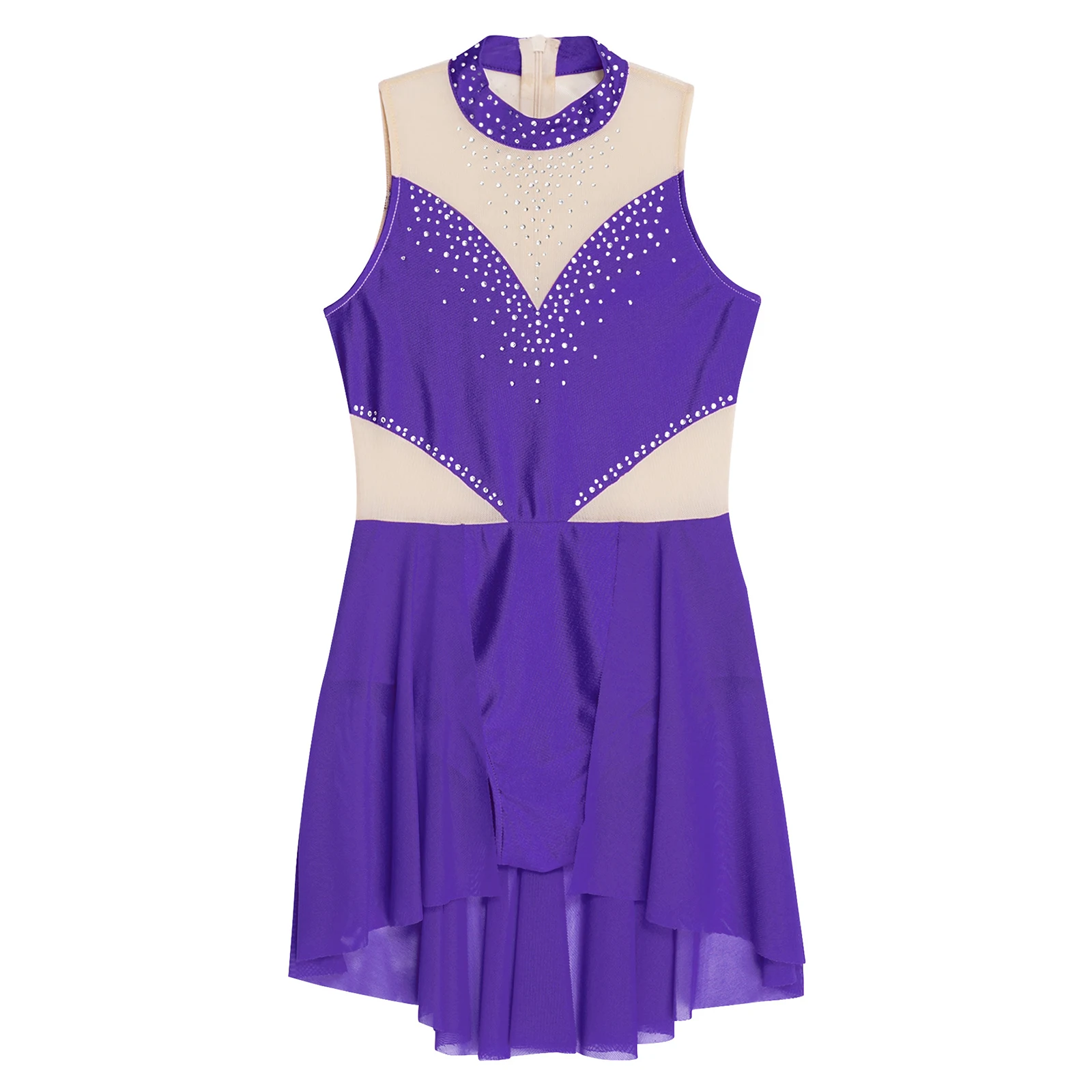 6-16Y Girls Modern Lyrical Dance Costume Figure Skating Ballet Gymnastics Leotard Dress Sleeveless Rhinestones Mesh Bodysuit image 3
