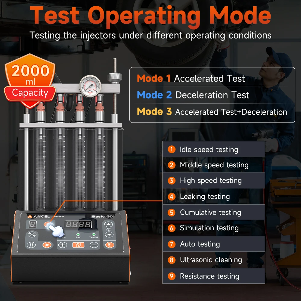 ANCEL ANJ400 GDI Fuel Injector Tester for Car Mortocycle Injector Cleaner Ultrasonic Cleaning Leack Test Diagnostic Tool