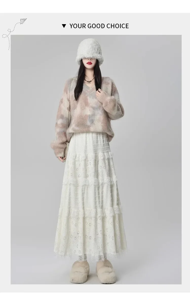 Gentle Wind High Waist A-Line Lace Splicing Long Skirt Women's Fairy Tale Cake Skirt Mid-Length Midi Skirt for Autumn Winter