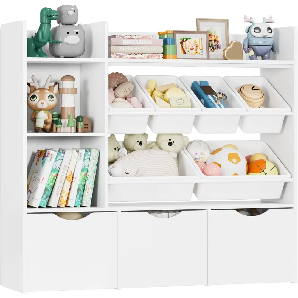 

Toy Storage Organizer with Movable Drawers,Bookshelf and Bookcase with 6 Plastic Bins&Storage Cubbies,Toy Chest with Wheels