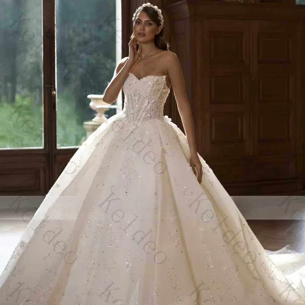 Customized Strapless A-line Sleeveless Wedding Dresses Applique Beaded Sequins Tulle Lace Up Open Back Floor Length Bridal Gowns