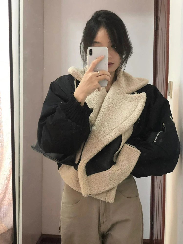 

Хлопковая куртка с воротником из овечьего меха, женская зимняя теплая свободная универсальная элитная модная длинная куртка на молнии с застежкой-молнией