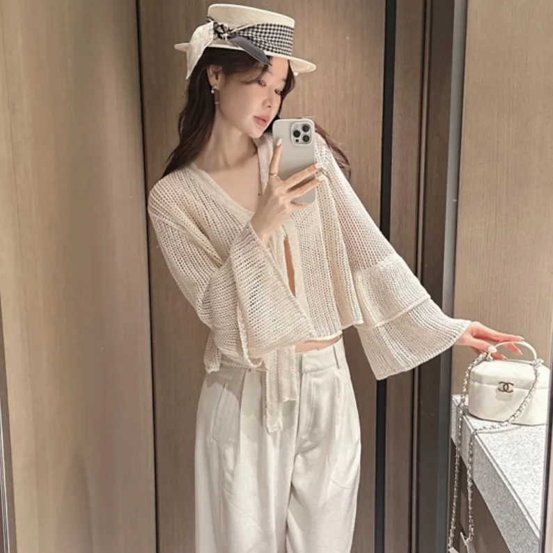 

Женский вязаный длинный свитер Све, ажурный дизайн, открытый кардиган с поясом, осень 2023, новый женский топ Sle Commute Faion