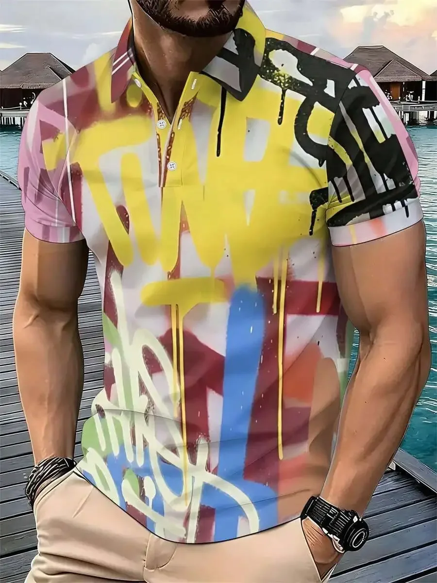 

Mens Shirt Multicolor Graffiti Print Stretch Knit Casual Slim Fit