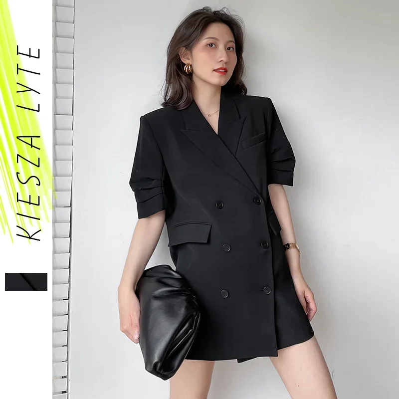 

2024 Summer Ladies Tops Suit Jacket Casual Black White Folded Sleeve Woman Outerwear Bleizer De Mujer