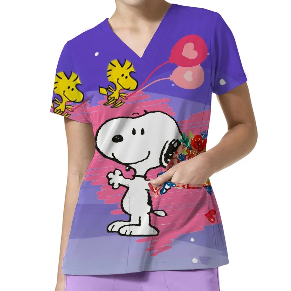 

Women Scrub Top With V-neck Snoopy cartoon Scrub Uniforms Thin Nurse Scrub Tops For Women Short Sleeve Blouse
