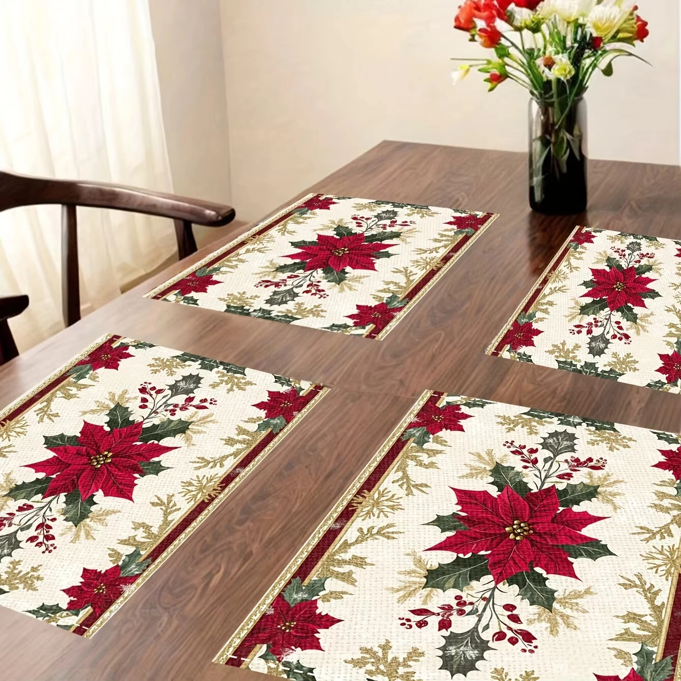 VIKAMA 4PC Weihnachten Ein Artikel Rotes Tischset mit Schneeflocke Stechpalmenblattmuster Festliche Dekoration Tischset Tischdekoration