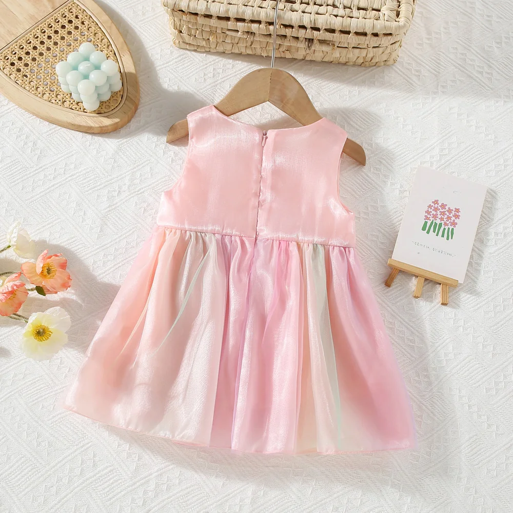 Summer baby girl dress with large bow and colorful mesh stitching zippered back sleeveless princess dress