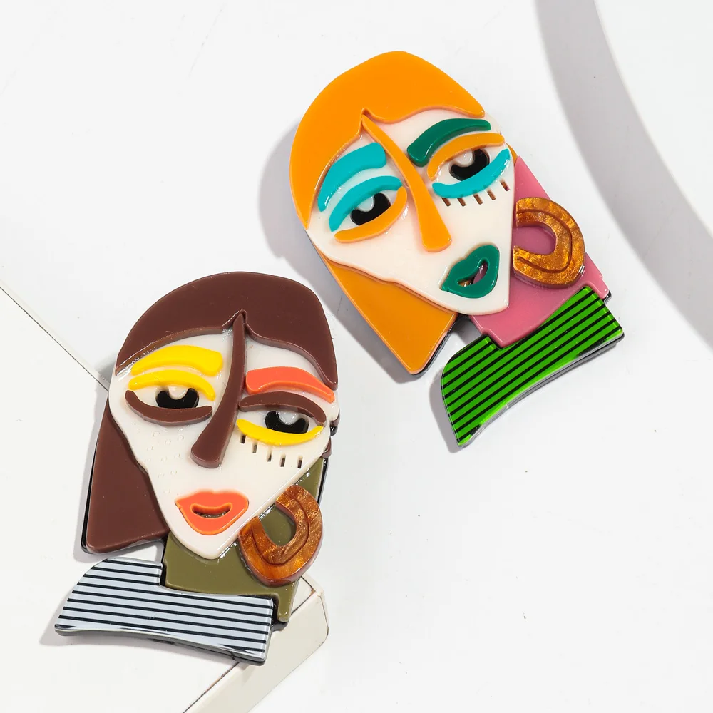 New Acrylic Abstract Facial Figure Brooch Pins for Women Funny Cartoon Lady Face Brooches Badge Accessories Fashion Jewelry Gift