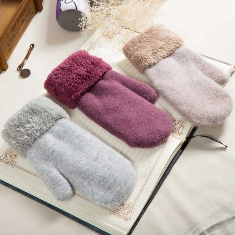 Winter Wolle Handschuhe Frauen Plus Samt Verdicken Warme Hände Einfarbig Volle Finger Warm Knit Handschuhe Weibliche Radfahren Fäustlinge T17