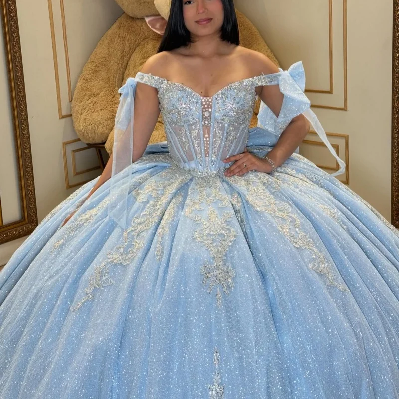 

Shiny Blue Quinceanera Dress off-shoulder Glitter Crystal Decal Lace Long tail Bow vestidos de 15 Quinceanera ﻿Customize