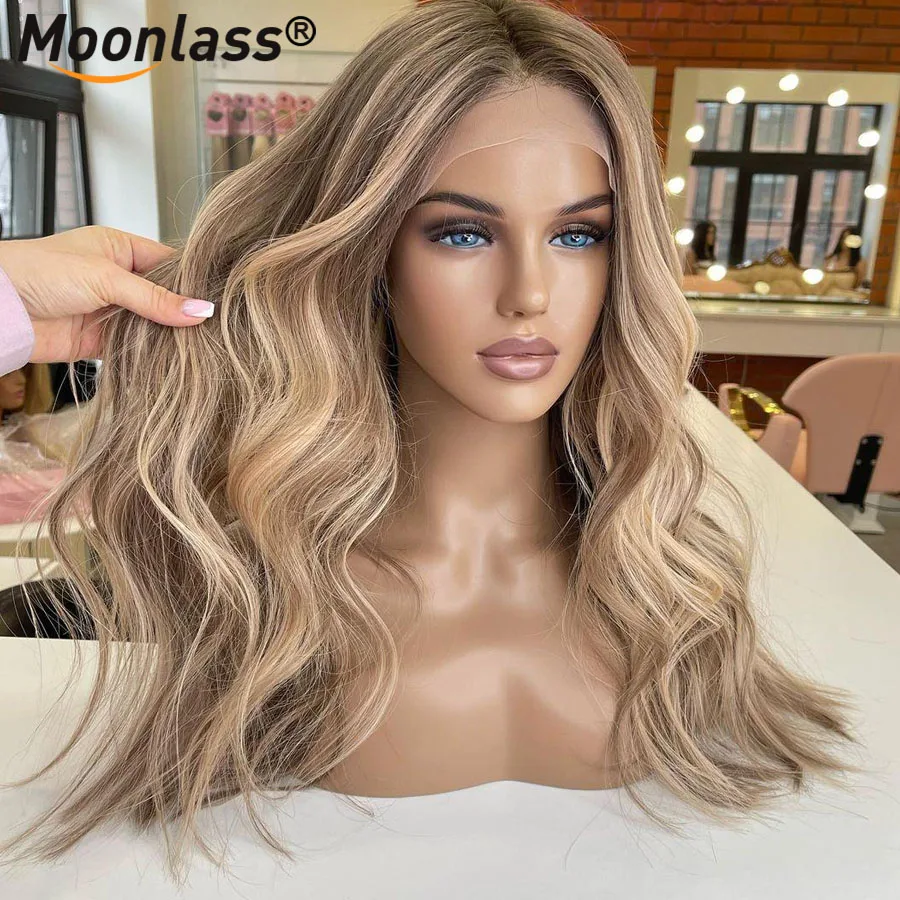 Wig gelombang tubuh pirang Highlight Ash 100% rambut manusia untuk wanita 13x6 Wig depan renda ketebalan 180 Wig rambut Remy prepked pirang